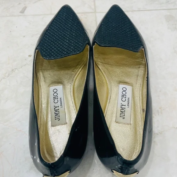 JIMMY CHOO {37.5} Loafers Black Patent Leather Fabric Pointed Toe - Picture 5 of 10